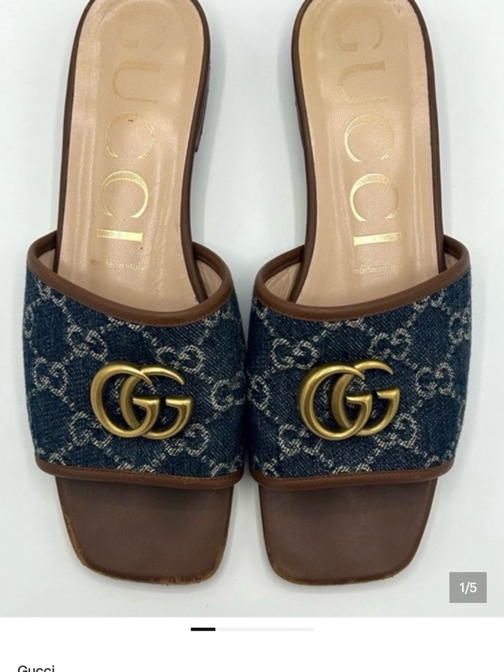 Gucci Denim GG Slide with Gold Double G and Brown Trim - Picture 2 of 2